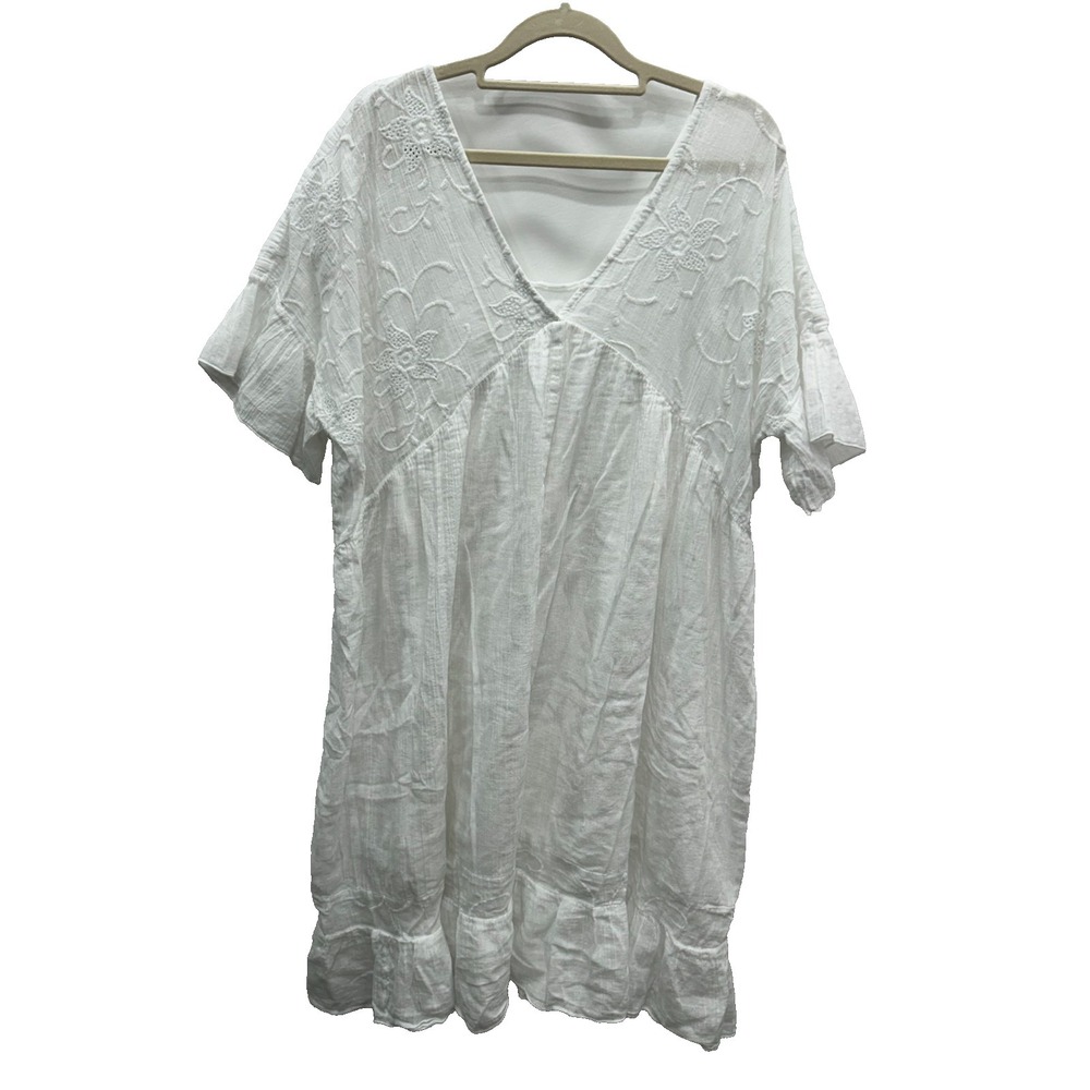 Kaktus Dress Womens XL White Cotton Embroidered Boho Peasant Ruffle Hem